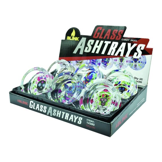 [23562] ASHTRAY 6CT ROUND GLASS CANDY SKULL